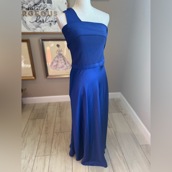 TED BAKER Ivena Asymmetric Knit Bodice Royal Blue Satin Skirt Dress - Picture 6 of 13